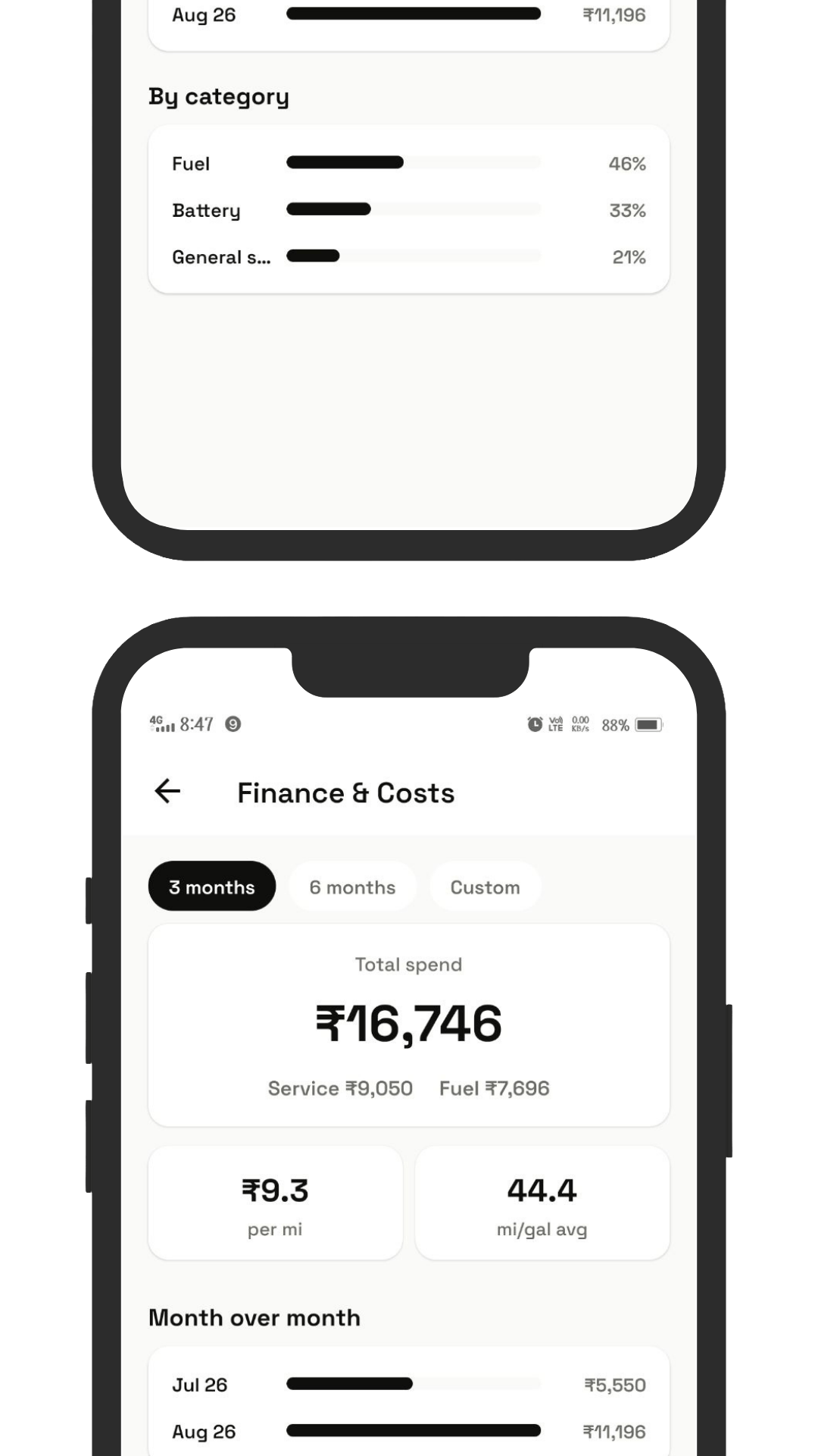 KarvIQ vehicle logbook and service-record summary on a phone